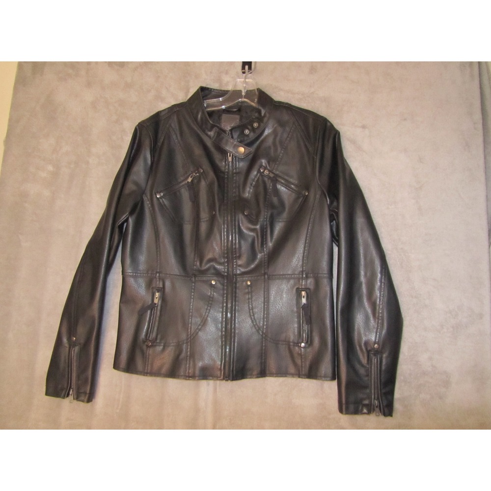Frida G Black Faux Leather Moto Biker Jacket Womens‎ XL Zip Pockets Stand Collar